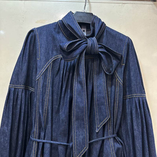 Women's Lace-up Bow Stand-up Collar Puff Sleeve Denim Dress - www.Shopthatapp.com