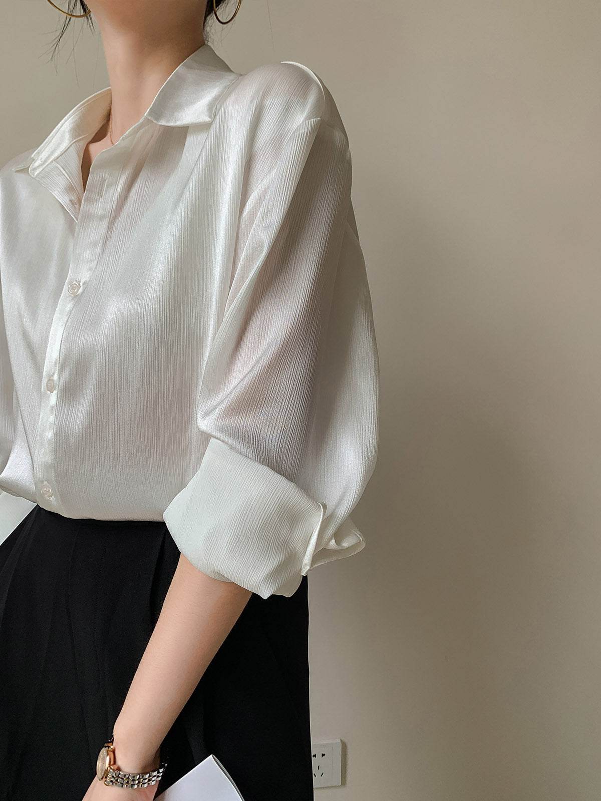 White Texture Long sleeve button Satin Shirt For Work business office - www.Shopthatapp.com