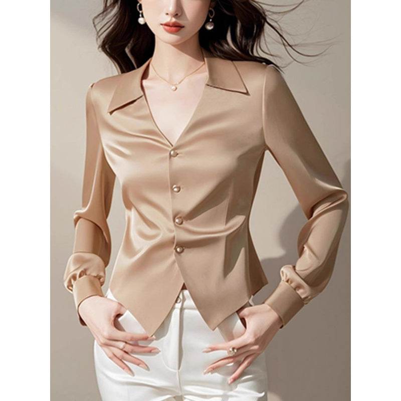 V-neck Long Sleeve Waist Trimming Shirt Women - www.Shopthatapp.com