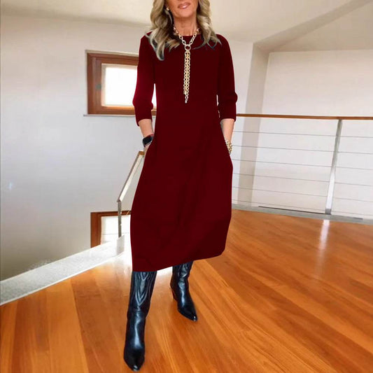 Autumn And Winter New All-matching Solid Color Loose Round-neck Long-sleeved Dress Women - www.Shopthatapp.com