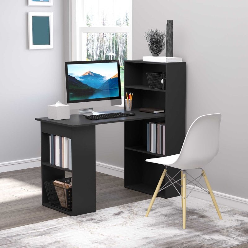 Bureau d'ordinateur moderne de 120 cm, étagère, table d'étude, poste de travail, ordinateur portable, bureau à domicile, 6 étagères, noir