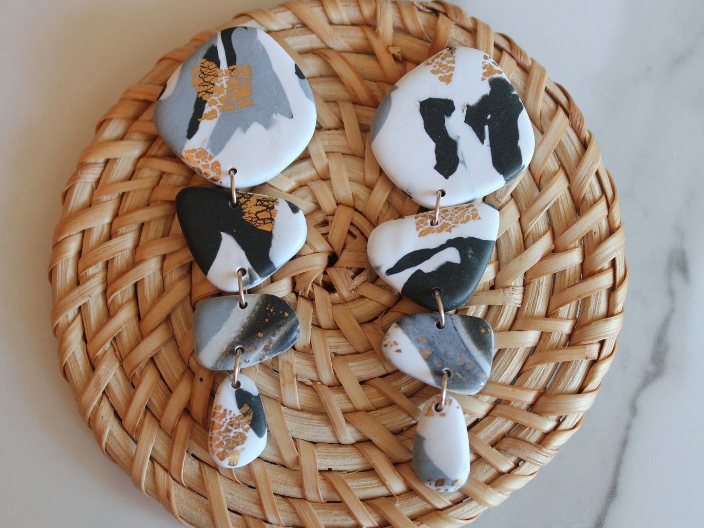 PIEDRA Earrings. White, Black, gold and grey marble swirls, Bold statement Earrings-Jewellery-www.Shopthatapp.com-Alma Rosa Jewelry