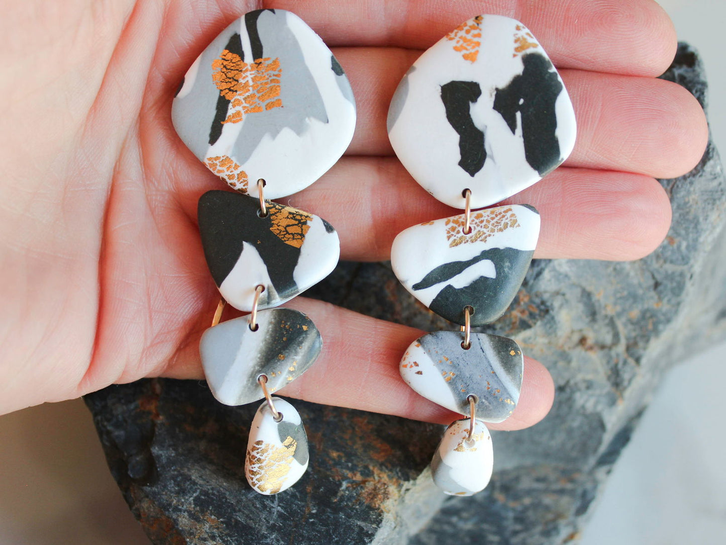 PIEDRA Earrings. White, Black, gold and grey marble swirls, Bold statement Earrings-Jewellery-www.Shopthatapp.com-Alma Rosa Jewelry
