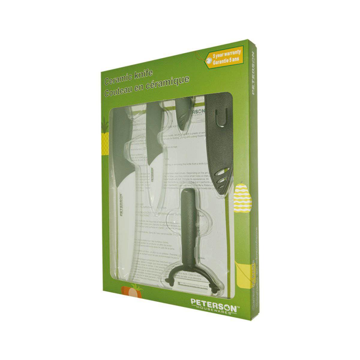 CERAMIC KNIFE SET, 5 PIECES (3", 6", Peeler + 2 Sheaths. ColorBox w/PVC Tray - Www.Shopthatapp.com