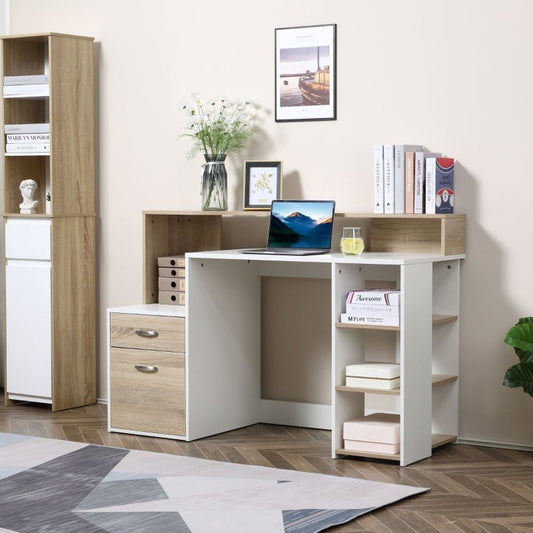 Modern Computer Desk with Drawers and Storage Shelves, Study Workstation, Writing Desk with Printer Stand for Home Office, Oak and White - www.Shopthatapp.com