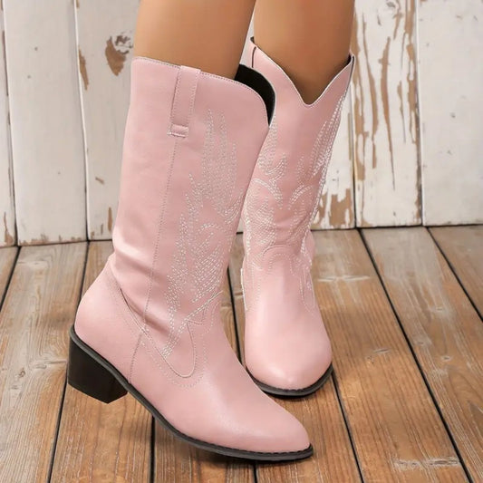 Plus Size Autumn New Mid-calf Riding Boots Embroidered Mid Heel Snow - www.Shopthatapp.com