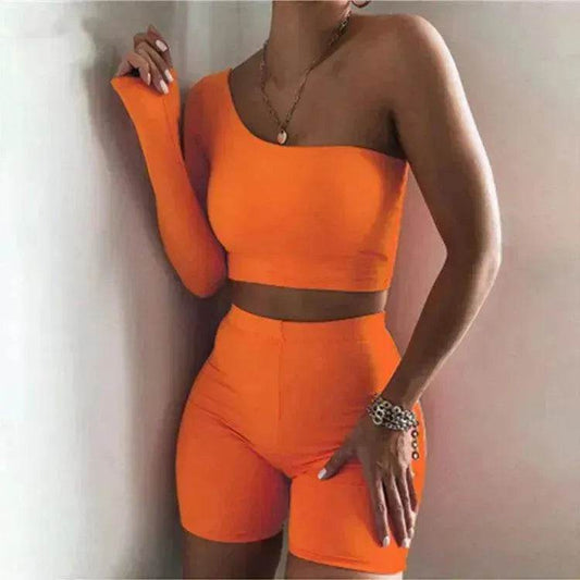 Pure Color Charming One-shoulder Sports Yoga Two-piece Fashion Suit Fitness Workout Gym wear for Women - www.Shopthatapp.com #