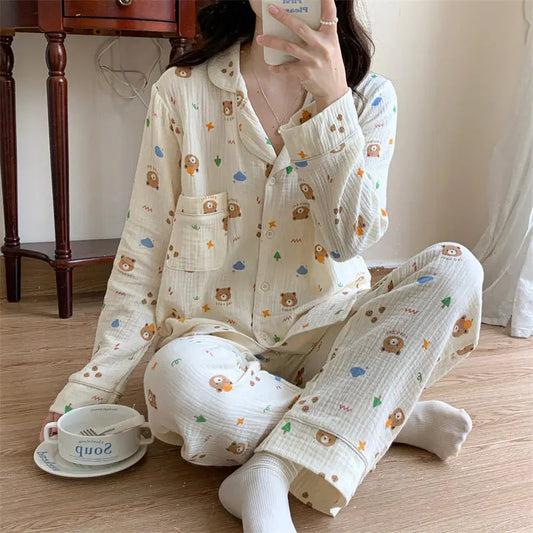 Pure Cotton Cartoon Long-sleeved Pajamas Set Letter Bear Homewear For Women - www.Shopthatapp.com #