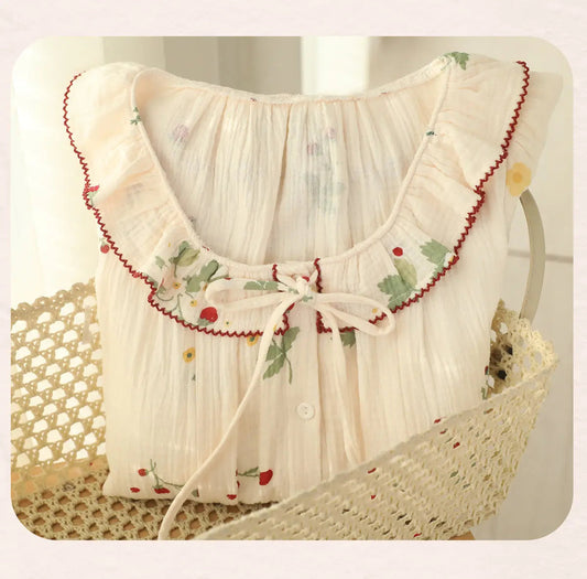 Pure Cotton Gauze Pajamas For Women Sweet And Fresh Long Sleeves With Chest Pads - www.Shopthatapp.com #