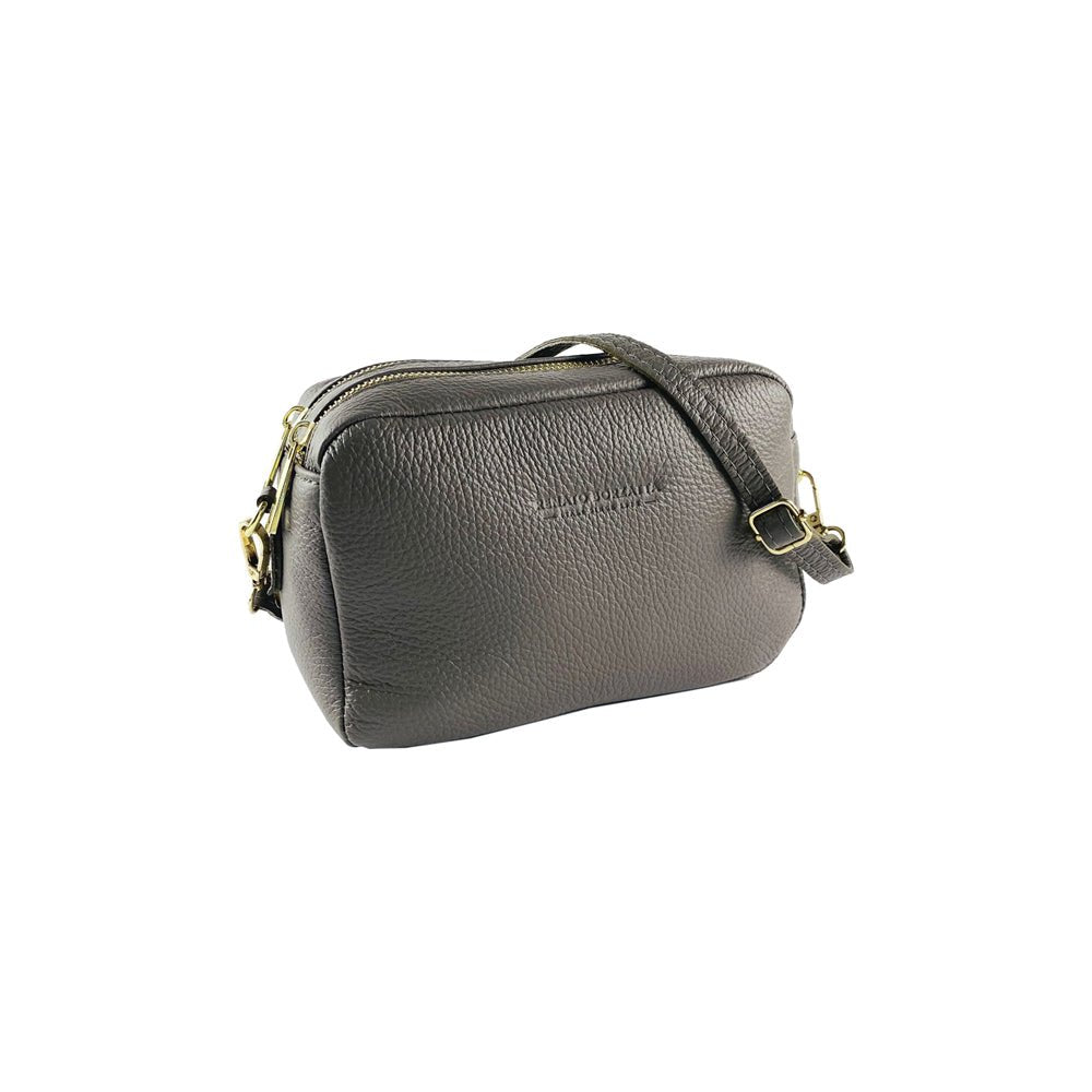 RB1008AQ | Tracollina Donna Doppia Lampo en Vera Pelle Fabriqué en Italie. Tracolla amovible. Attacchi con moschettoni in metallo Oro Lucido - Colore Taupe - Dimensions: cm 20 x 15 x 9