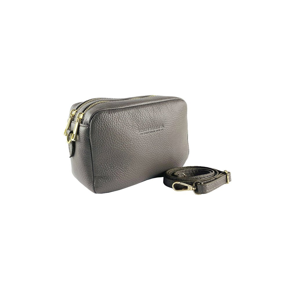 RB1008AQ | Tracollina Donna Doppia Lampo en Vera Pelle Fabriqué en Italie. Tracolla amovible. Attacchi con moschettoni in metallo Oro Lucido - Colore Taupe - Dimensions: cm 20 x 15 x 9