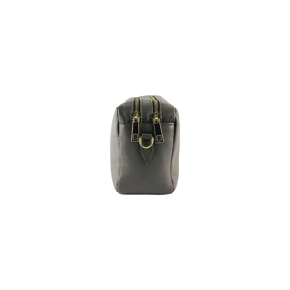 RB1008AQ | Tracollina Donna Doppia Lampo en Vera Pelle Fabriqué en Italie. Tracolla amovible. Attacchi con moschettoni in metallo Oro Lucido - Colore Taupe - Dimensions: cm 20 x 15 x 9