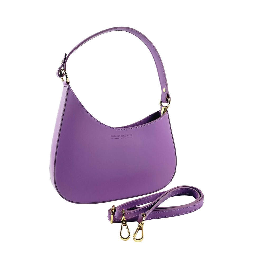 RB1013CI | Borsa Donna a spalla e Tracolla revibili en Vera Pelle Made in Italy. Attacchi con moschettoni in metallo Oro Lucido - Colore Lilla - Dimensions: cm 28 x 6 x 25 + 12 (manico)
