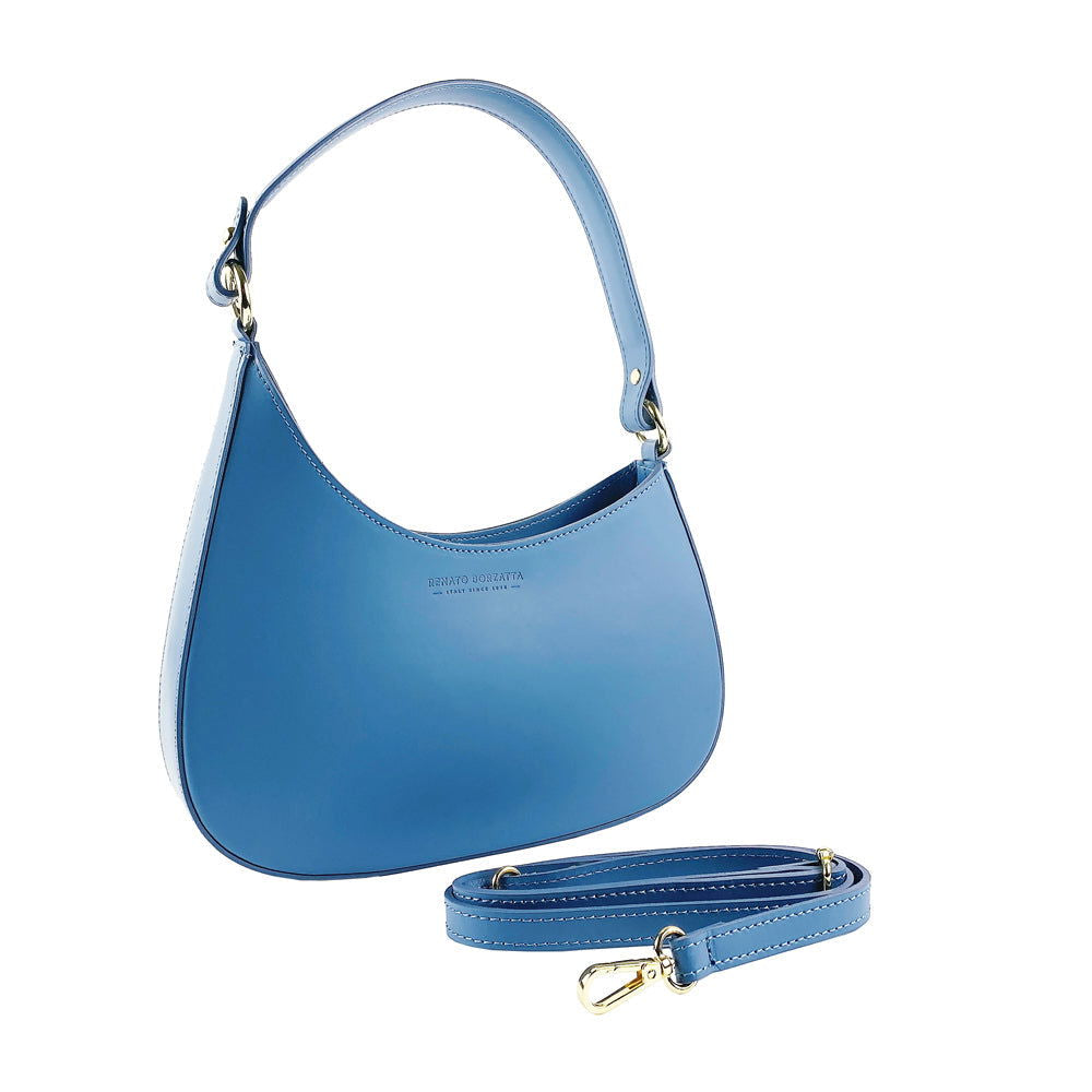 RB1013P | Borsa Donna a spalla e Tracolla removibili in Vera Pelle Made in Italy. Attacchi con moschettoni in metallo Oro Lucido - Colore Avio - Dimensioni: cm 28 x 6 x 25 + 12 (manico)-Handbags, purses, etc.-www.Shopthatapp.com-Kailimood.store
