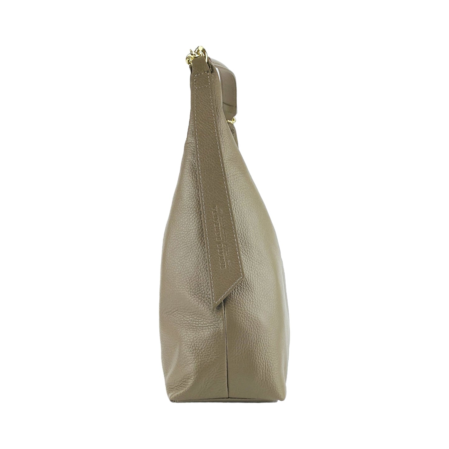 RB1017AQ | Borsa Donna a spalla Morbida in Vera Pelle Made in Italy con manico singolo e tracolla removibile. Attacchi con moschettoni in metallo Oro Lucido - Colore Taupe - Dimensioni: cm 36 x 40 x 13 - www.Shopthatapp.com