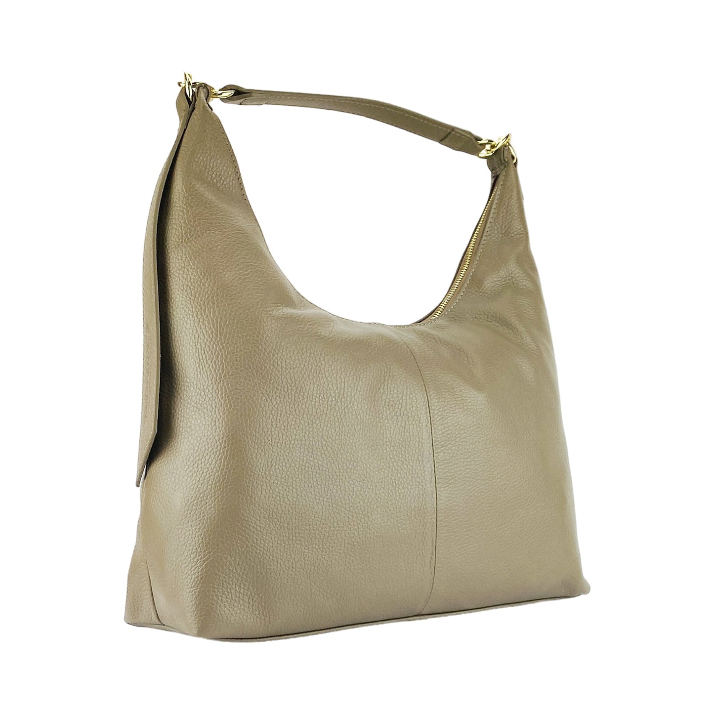 RB1017AQ | Borsa Donna a spalla Morbida in Vera Pelle Made in Italy con manico singolo e tracolla removibile. Attacchi con moschettoni in metallo Oro Lucido - Colore Taupe - Dimensioni: cm 36 x 40 x 13 - www.Shopthatapp.com