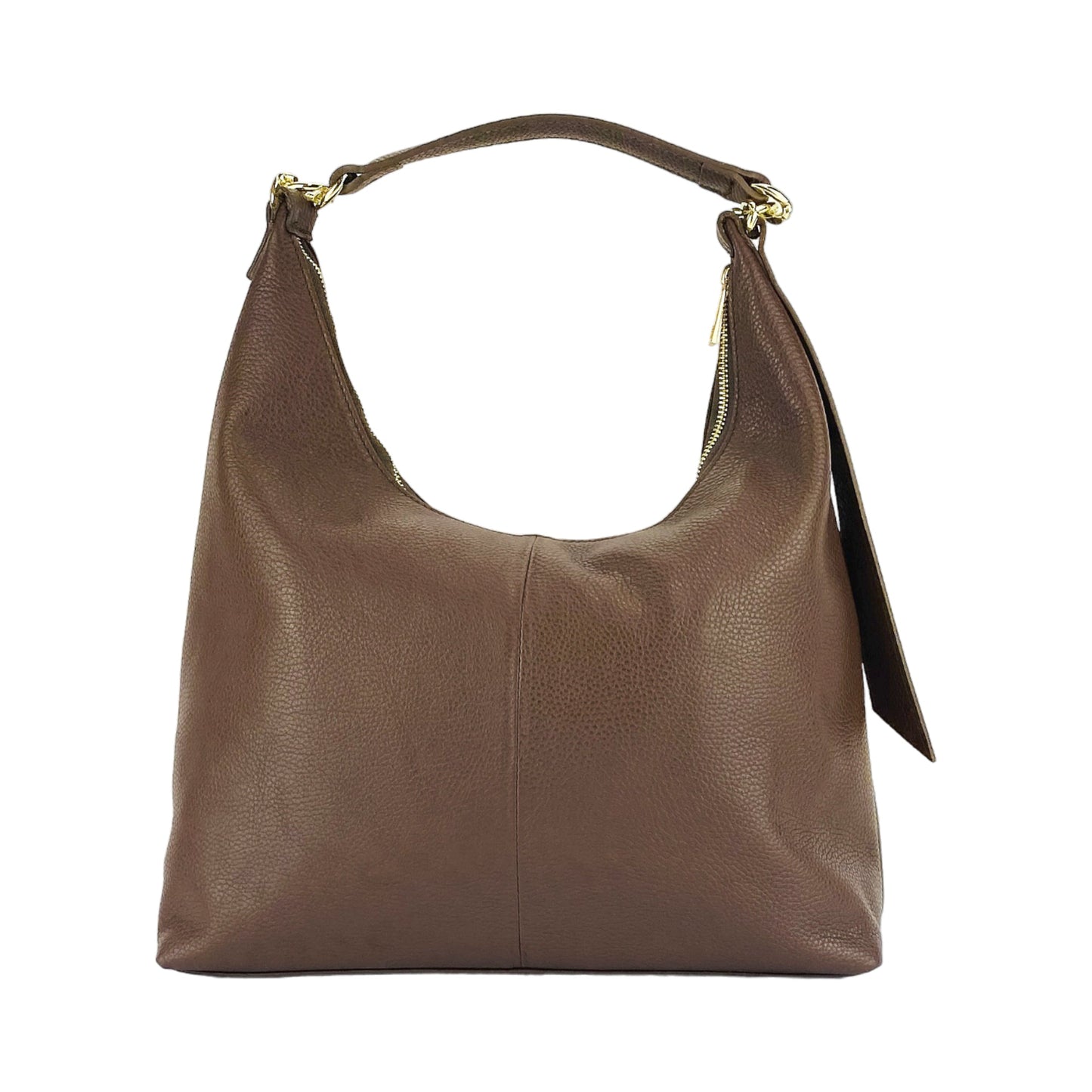 RB1017BV | Borsa Donna a spalla Morbida in Vera Pelle Made in Italy con manico singolo e tracolla removibile. Attacchi con moschettoni in metallo Oro Lucido - Colore Cioccolato - Dimensioni: cm 36 x 40 x 13 - www.Shopthatapp.com