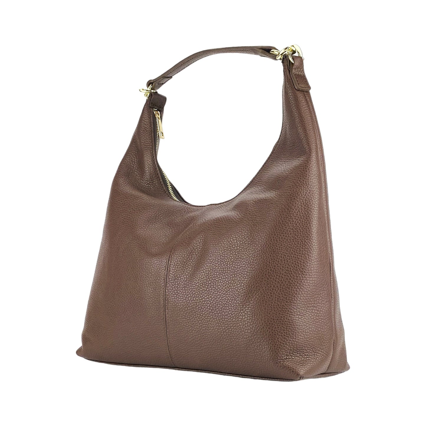RB1017BV | Borsa Donna a spalla Morbida in Vera Pelle Made in Italy con manico singolo e tracolla removibile. Attacchi con moschettoni in metallo Oro Lucido - Colore Cioccolato - Dimensioni: cm 36 x 40 x 13 - www.Shopthatapp.com