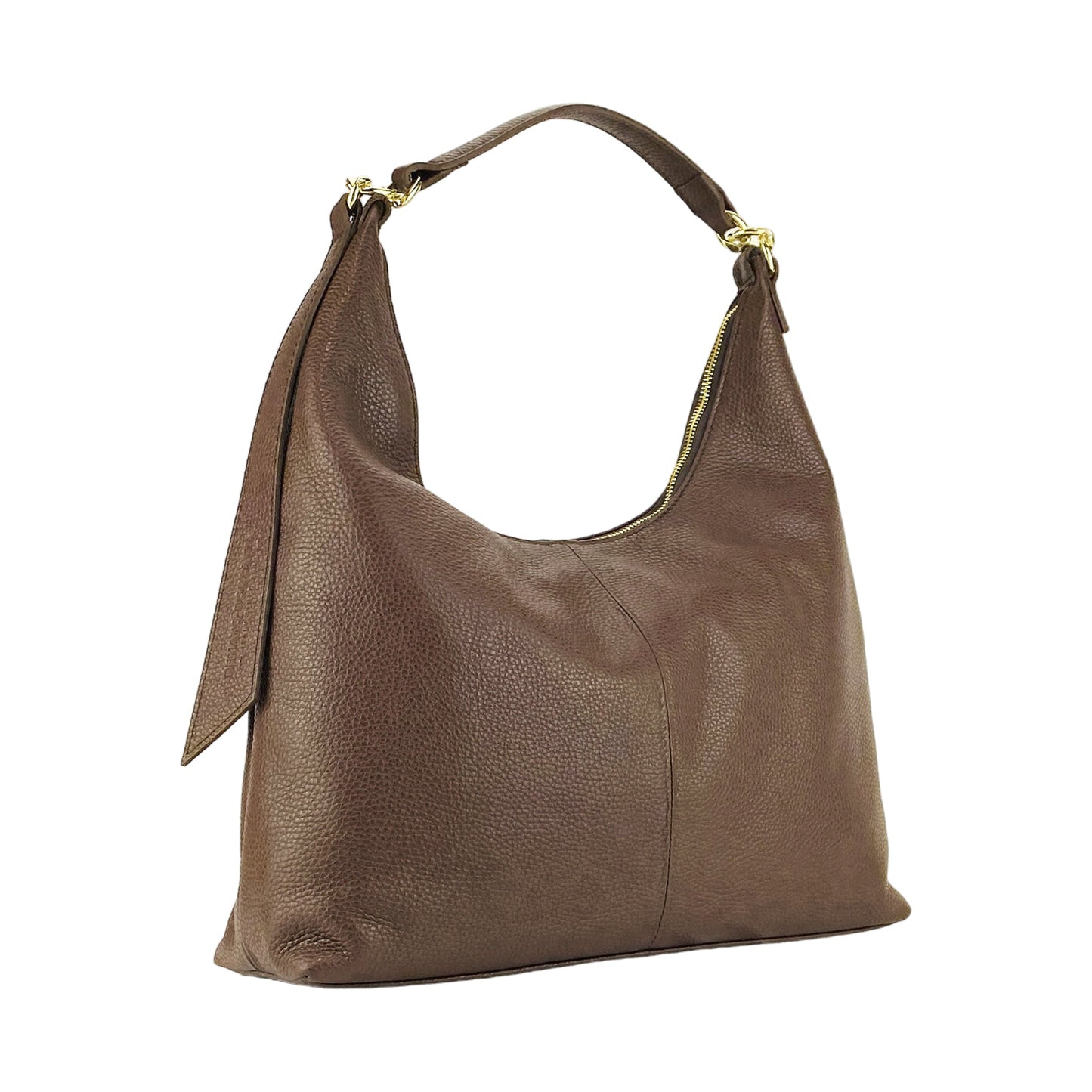 RB1017BV | Borsa Donna a spalla Morbida in Vera Pelle Made in Italy con manico singolo e tracolla removibile. Attacchi con moschettoni in metallo Oro Lucido - Colore Cioccolato - Dimensioni: cm 36 x 40 x 13 - www.Shopthatapp.com
