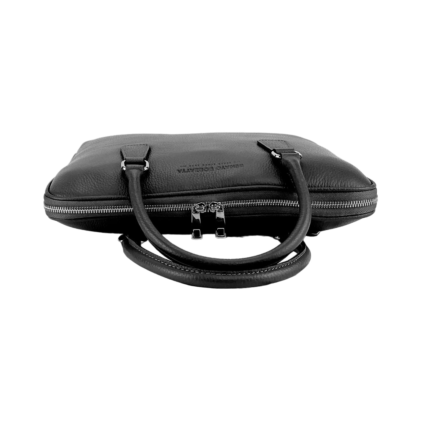 RB1019A | Cartella Business Unisexe en Vera Pelle Fabriqué en Italie avec tracolla amovible. Attaches avec mousquetons en métal Nickel Lucido - Colore Nero - Dimensions: cm 37 x 29 x 6,5