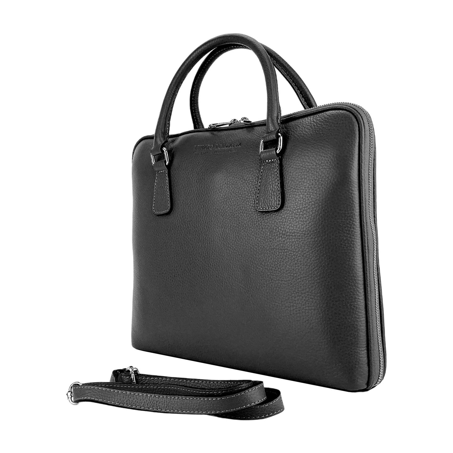 RB1019A | Cartella Business Unisexe en Vera Pelle Fabriqué en Italie avec tracolla amovible. Attaches avec mousquetons en métal Nickel Lucido - Colore Nero - Dimensions: cm 37 x 29 x 6,5