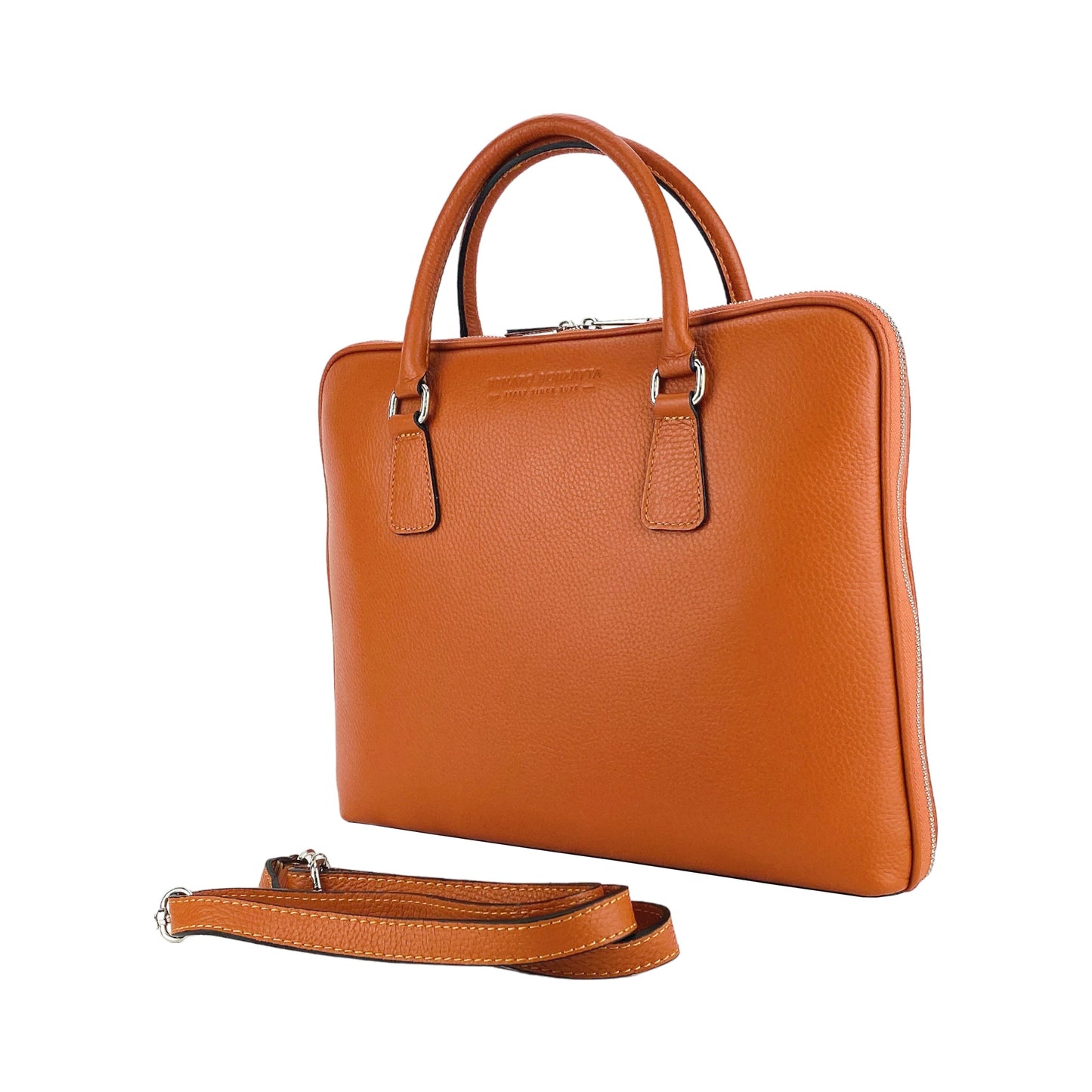RB1019L | Cartella Business Unisexe en Vera Pelle Fabriqué en Italie avec tracolla amovible. Attaches avec mousquetons en métal Nickel Lucido - Couleur Arancione - Dimensions: cm 37 x 29 x 6,5
