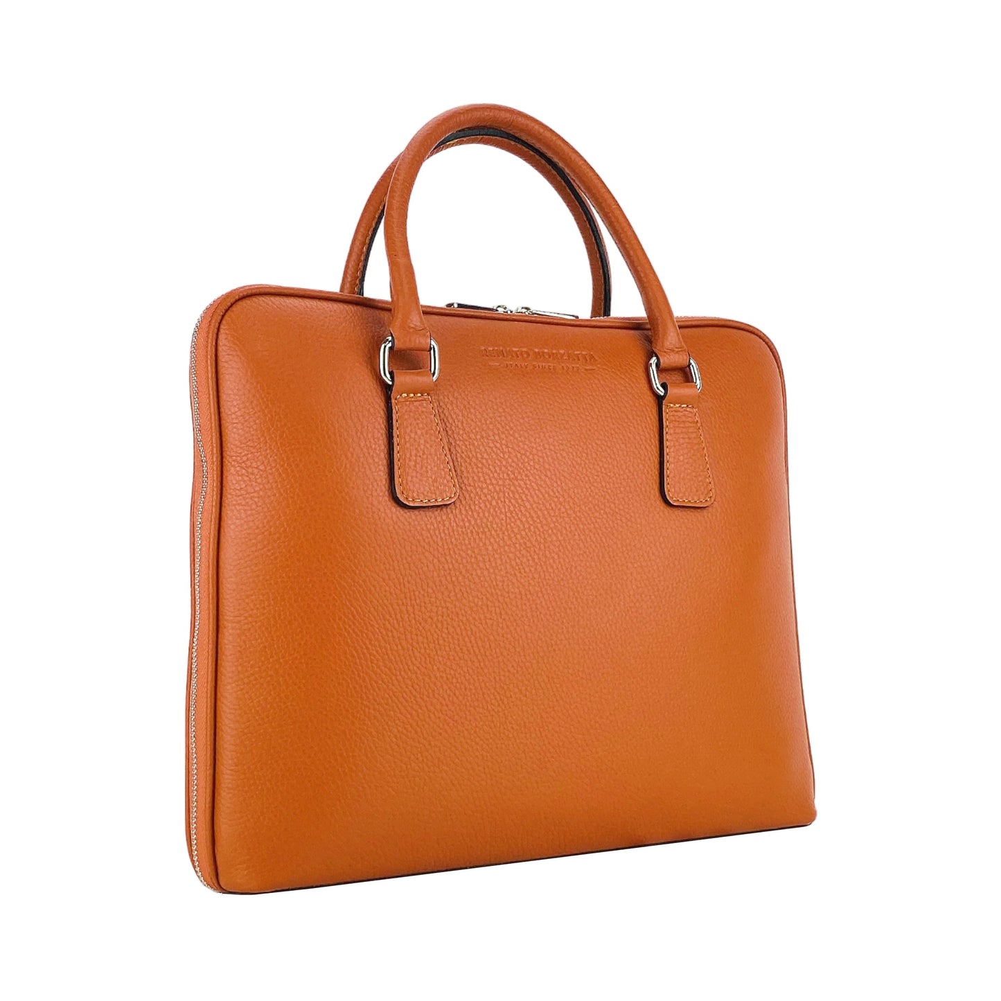RB1019L | Cartella Business Unisexe en Vera Pelle Fabriqué en Italie avec tracolla amovible. Attaches avec mousquetons en métal Nickel Lucido - Couleur Arancione - Dimensions: cm 37 x 29 x 6,5