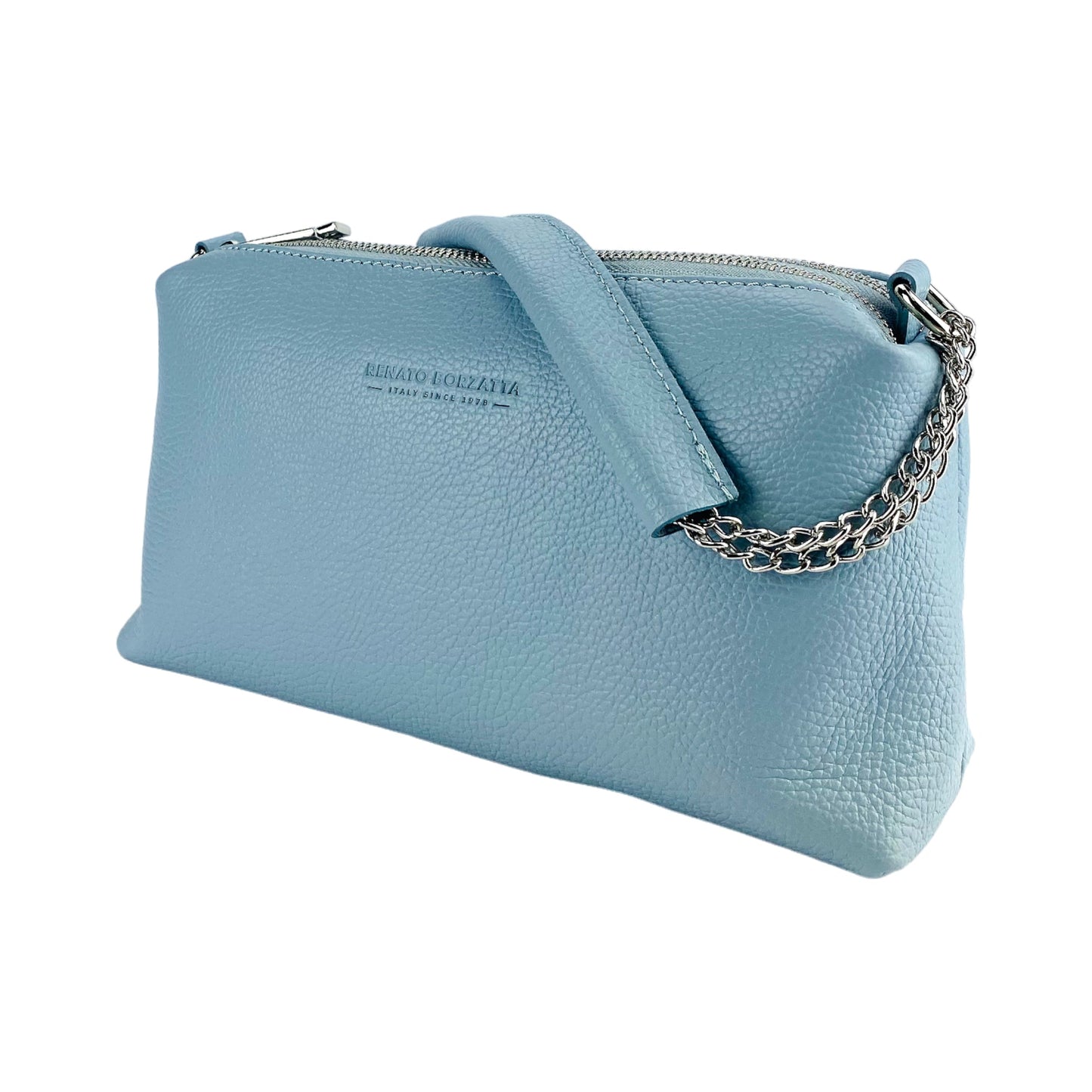 RB1025CL | Borsa Donna a Mano con doppia lampo en Vera Pelle Fabriqué en Italie. Tracolla en peau réglable. Accessoires Nickel Lucido - Couleur Celeste - Dimensions: cm 26 x 14 x 9