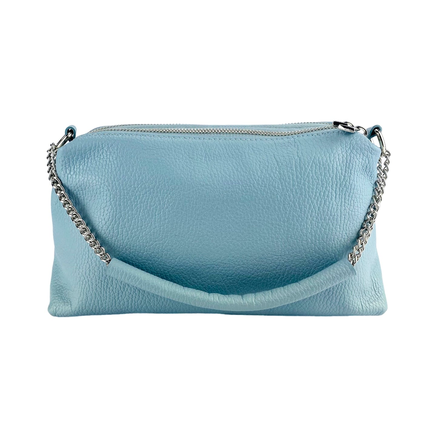 RB1025CL | Borsa Donna a Mano con doppia lampo en Vera Pelle Fabriqué en Italie. Tracolla en peau réglable. Accessoires Nickel Lucido - Couleur Celeste - Dimensions: cm 26 x 14 x 9