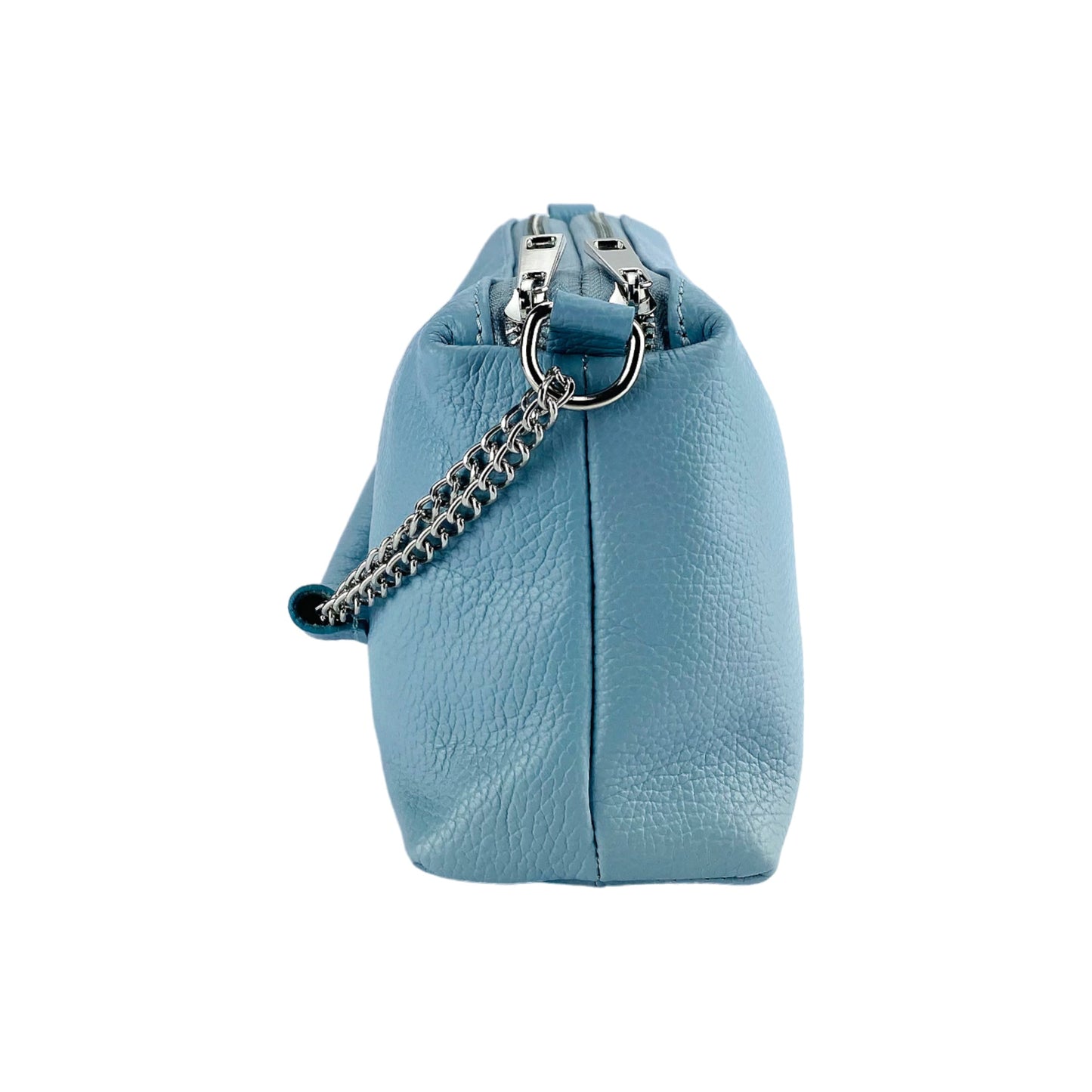 RB1025CL | Borsa Donna a Mano con doppia lampo en Vera Pelle Fabriqué en Italie. Tracolla en peau réglable. Accessoires Nickel Lucido - Couleur Celeste - Dimensions: cm 26 x 14 x 9