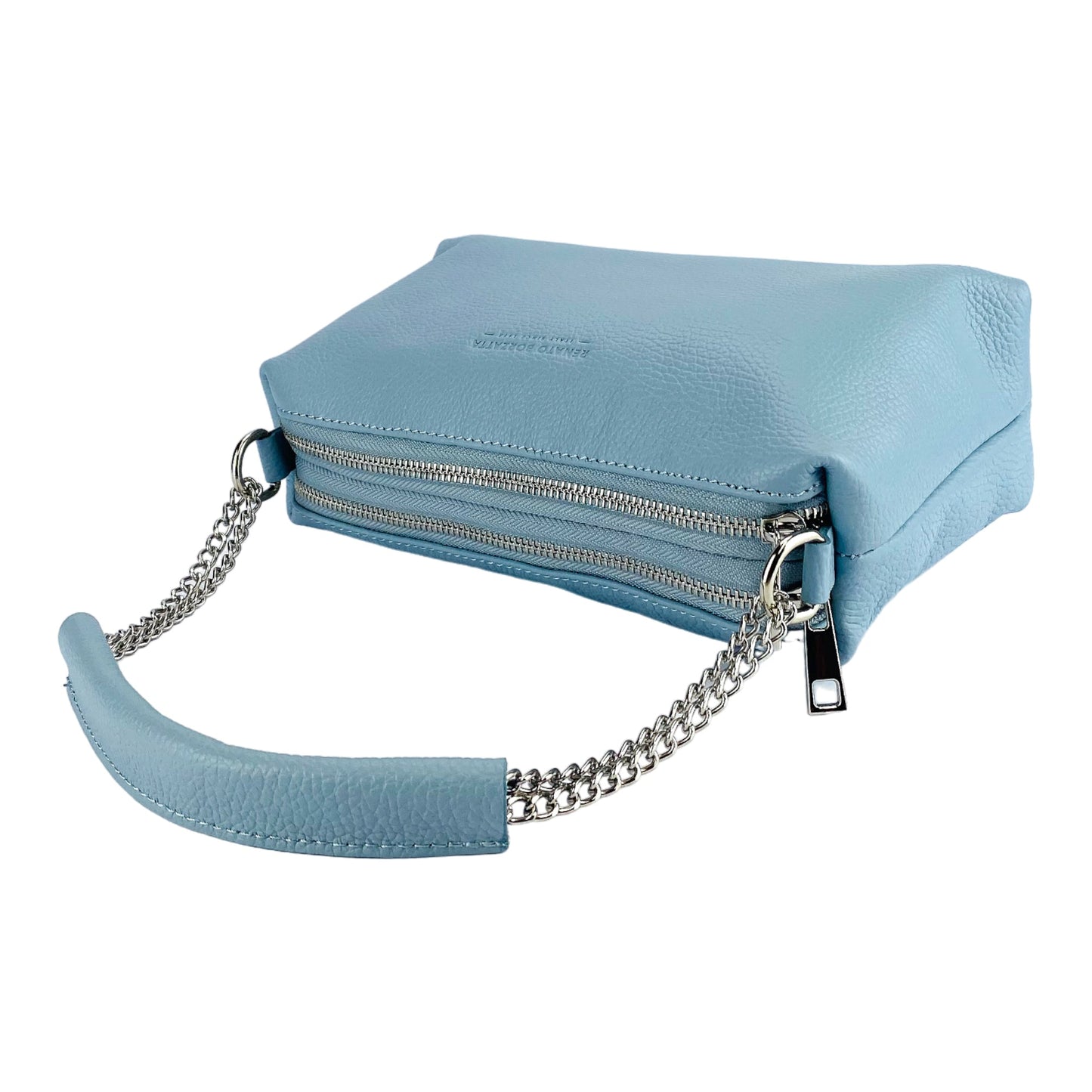 RB1025CL | Borsa Donna a Mano con doppia lampo en Vera Pelle Fabriqué en Italie. Tracolla en peau réglable. Accessoires Nickel Lucido - Couleur Celeste - Dimensions: cm 26 x 14 x 9