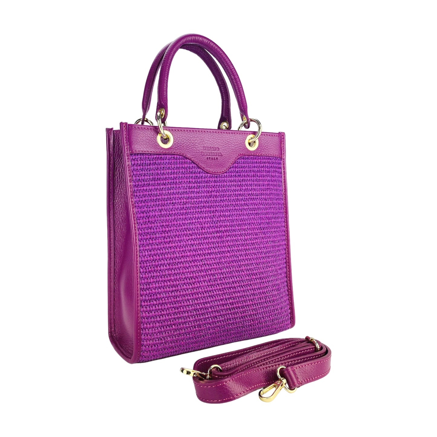 RB1026CN | Borsa Donna a mano verticale in Vera Pelle e Paglia Made in Italy. Tracolla removibile e regolabile in pelle. Accessori Oro Lucido - Colore Lampone - Dimensioni: cm 24 x 29 x 9 - www.Shopthatapp.com