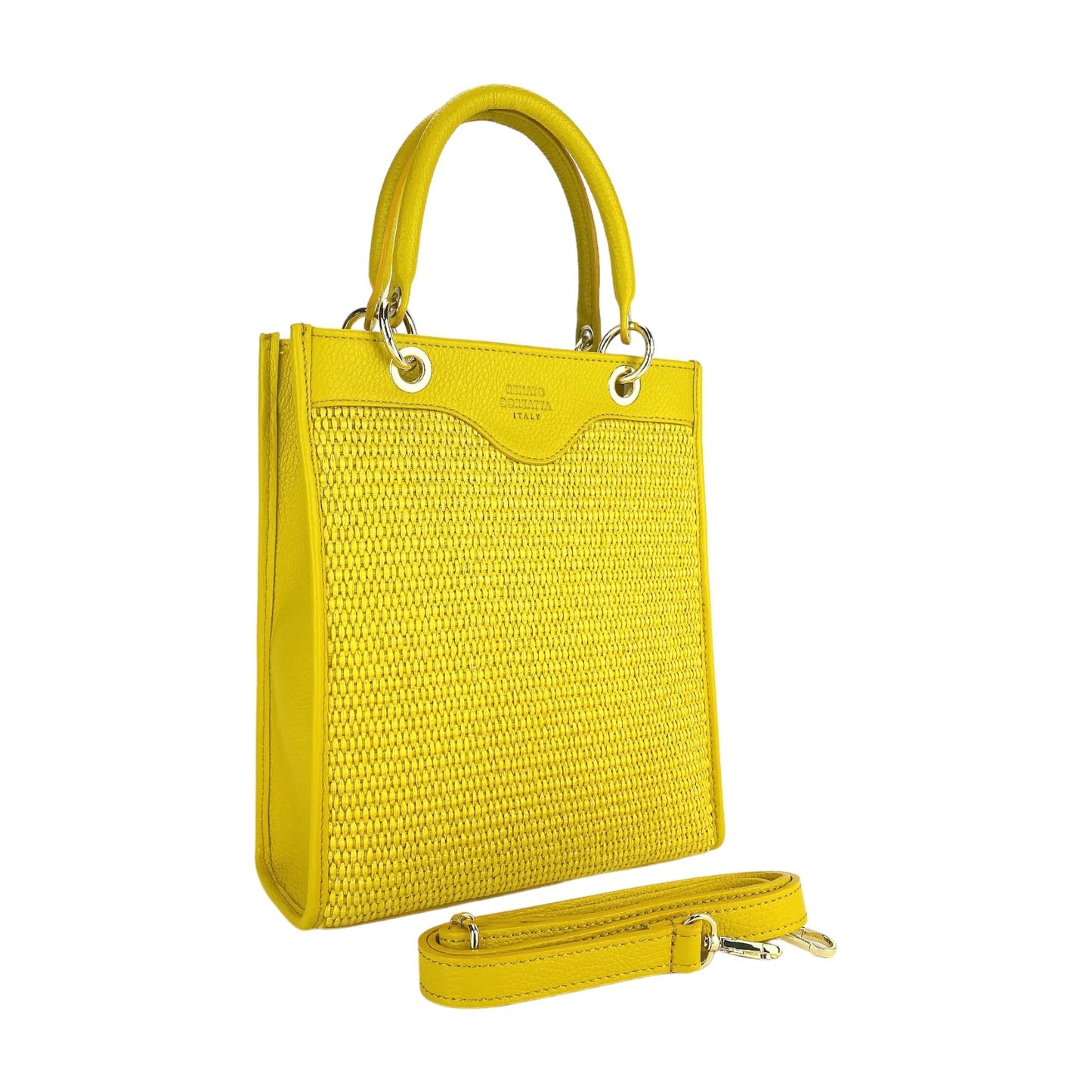 RB1026R | Borsa Donna a mano verticale in Vera Pelle e Paglia Made in Italy. Tracolla removibile e regolabile in pelle. Accessori Oro Lucido - Colore Giallo - Dimensioni: cm 24 x 29 x 9 - www.Shopthatapp.com