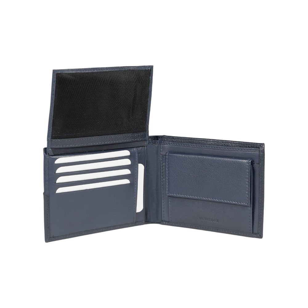 RB12004D | Portafogli Uomo risvoltato in Vera Pelle pieno fiore, con leggera grana. Colore Blu. Protezione RFID. Dimensioni da chiuso: cm 12,5 x 9,5 x 2. Confezione: Scatola regalo fondo/coperchio - www.Shopthatapp.com