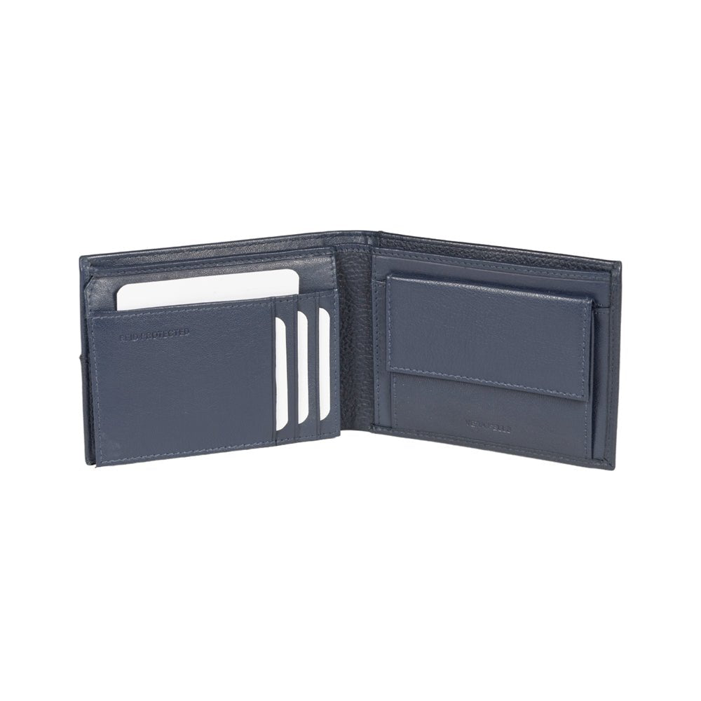RB12104D | Portafogli Uomo in Vera Pelle pieno fiore, grana dollaro/leggera. Colore Blu. Protezione RFID. Dimensioni da chiuso: cm 12,5 x 9,5 x 2. Confezione: Scatola regalo fondo/coperchio - www.Shopthatapp.com