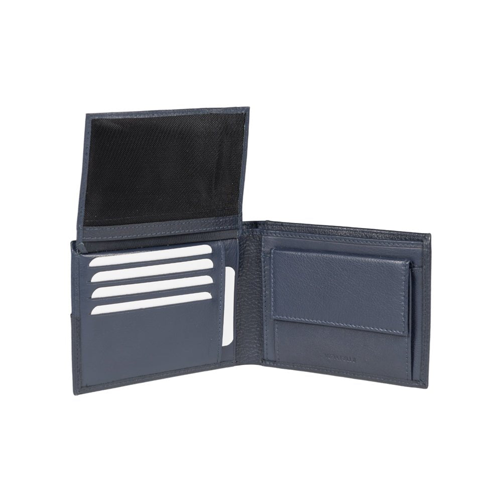RB12104D | Portafogli Uomo in Vera Pelle pieno fiore, grana dollaro/leggera. Colore Blu. Protezione RFID. Dimensioni da chiuso: cm 12,5 x 9,5 x 2. Confezione: Scatola regalo fondo/coperchio - www.Shopthatapp.com