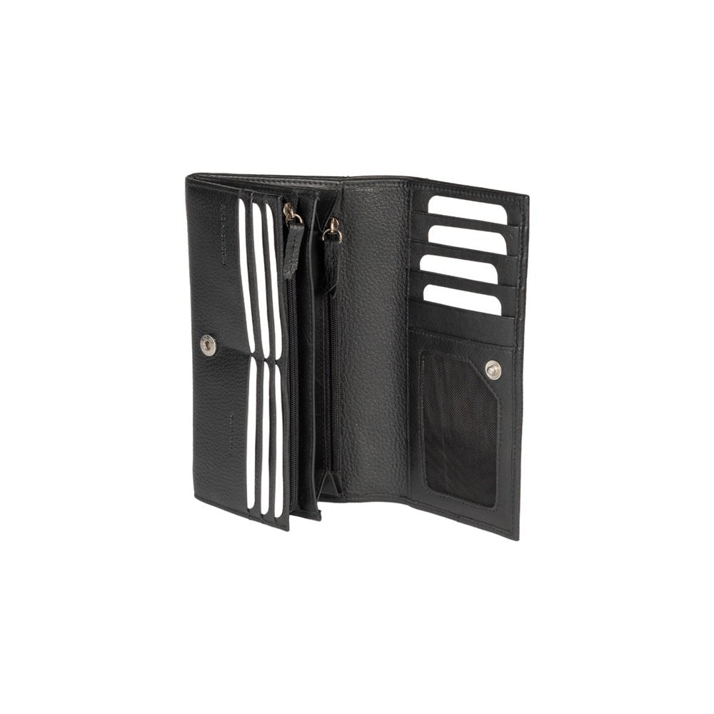 RB12129A | Portafogli Donna in Vera Pelle pieno fiore, grana dollaro/leggera. Colore Nero. Protezione RFID. Dimensioni da chiuso: cm 18,5 x 10 x 3. Confezione: Scatola regalo fondo/coperchio - www.Shopthatapp.com