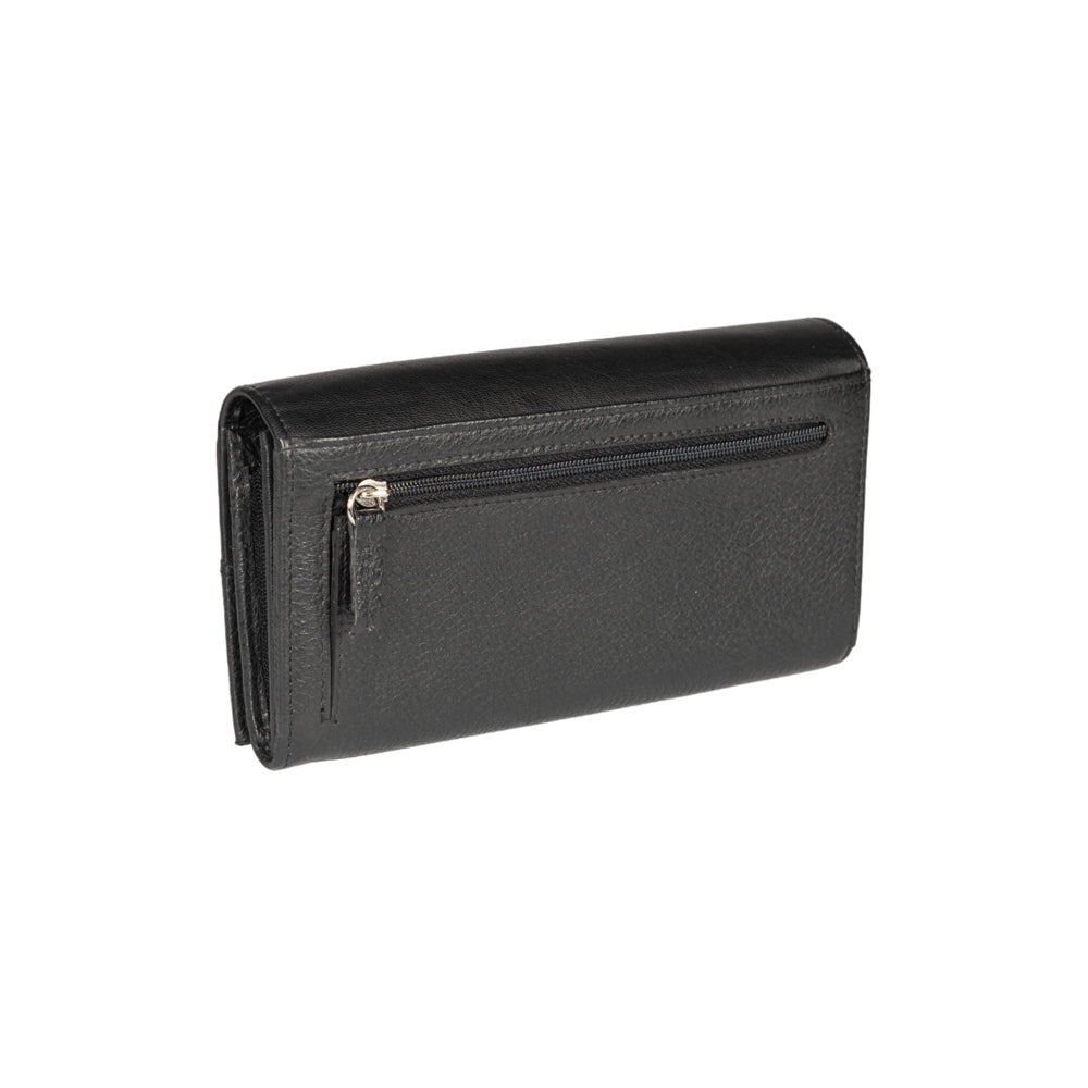 RB12129A | Portafogli Donna in Vera Pelle pieno fiore, grana dollaro/leggera. Colore Nero. Protezione RFID. Dimensioni da chiuso: cm 18,5 x 10 x 3. Confezione: Scatola regalo fondo/coperchio - www.Shopthatapp.com
