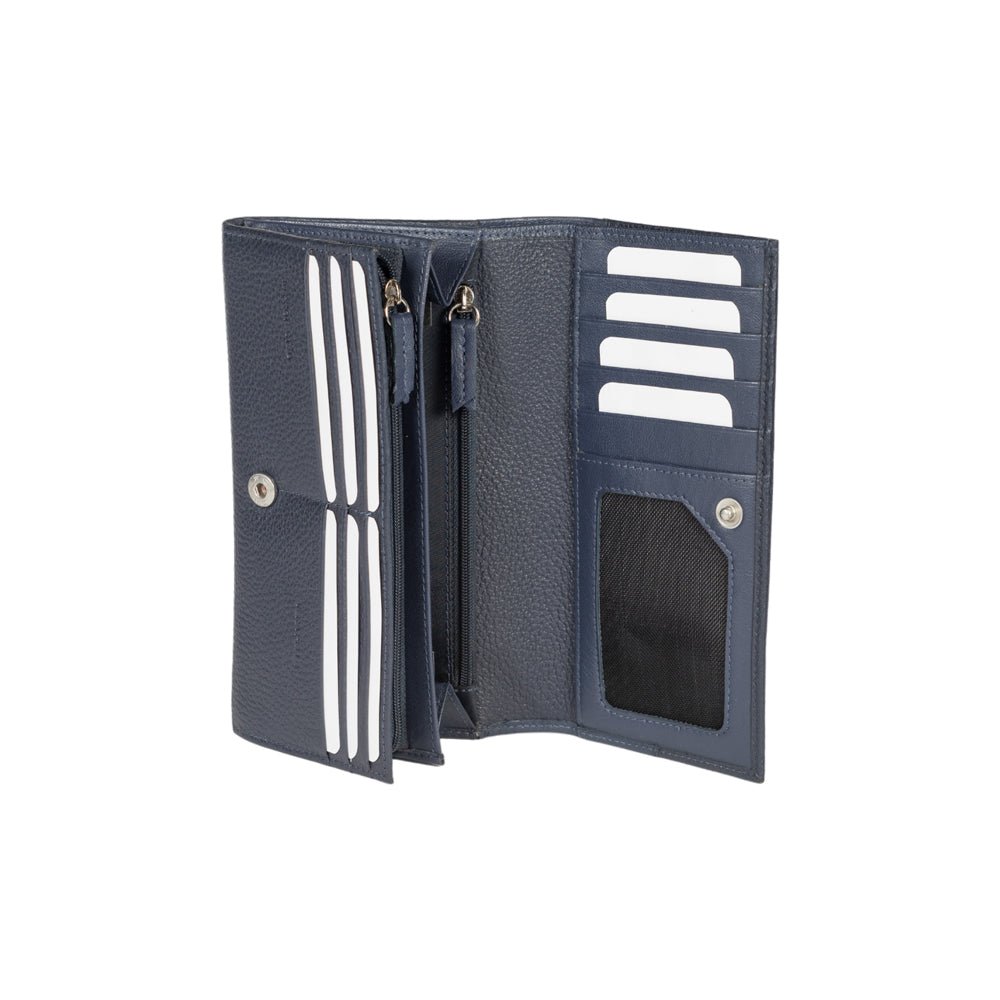 RB12129D | Portafogli Donna en Vera Pelle pieno fiore, grana dollaro/leggera. Couleur Bleu. Protection RFID. Dimensioni da chiuso: cm 18,5 x 10 x 3. Confezione: Scatola regalo fondo/coperchio