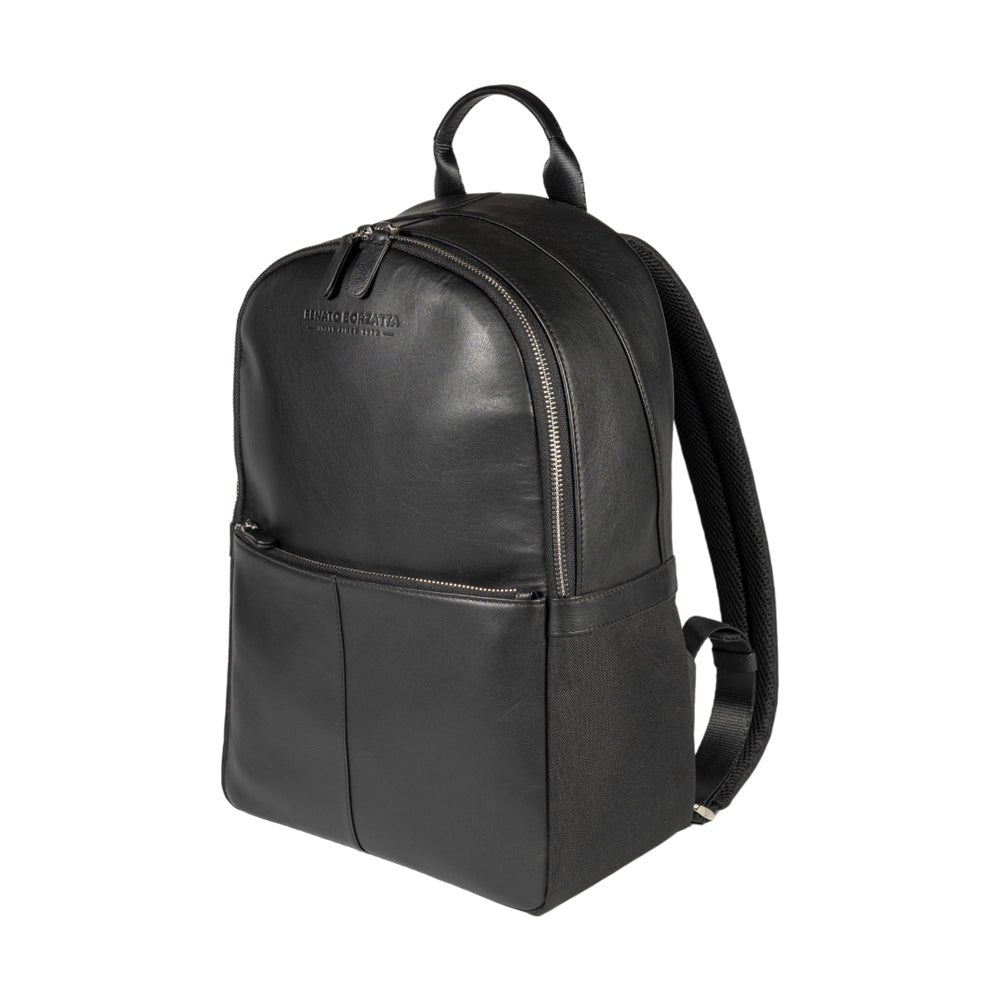 RB2001A | Zaino Porta Netbook/Tablet en Nylon/Vera Pelle, avec leggera grana. Chiusura con lampo e spallacci regolabili - Colore Nero - Dimensions: cm 27 x 38 x 14. Confezione: Sacchetto Tessuto non Tessuto