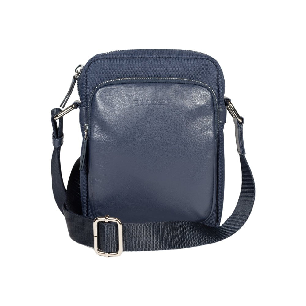 RB2002D | Bourse à Tracolla en Nylon/Vera Pelle, avec leggera grana. Chiusura con lampo e tracolla regolabile - Colore Blu - Dimensions: cm 15,5 x 21 x 7. Confezione: Sacchetto in Tessuto non Tessuto