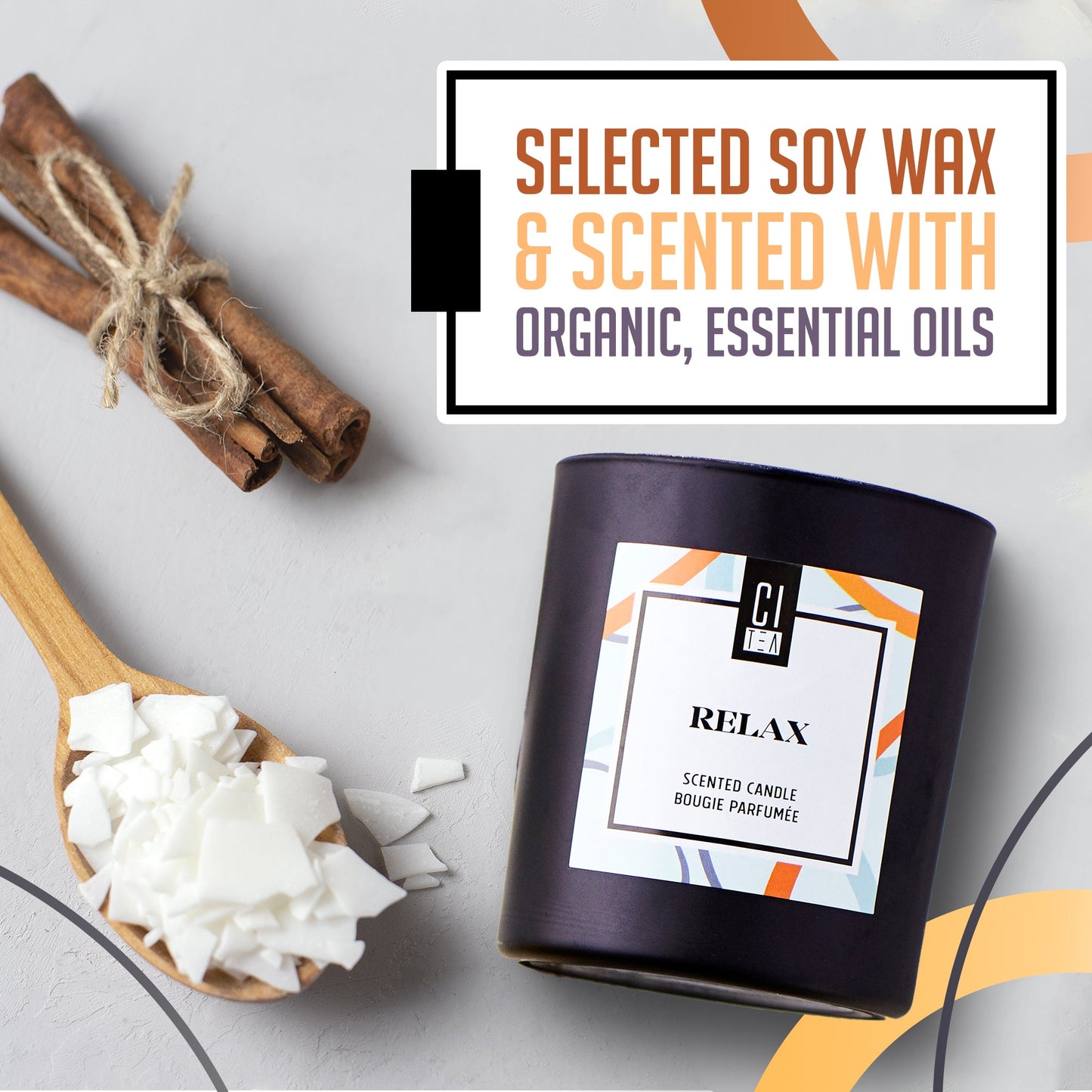 Bougie Relax en cire de soja - Bois de santal et musc - 227 g