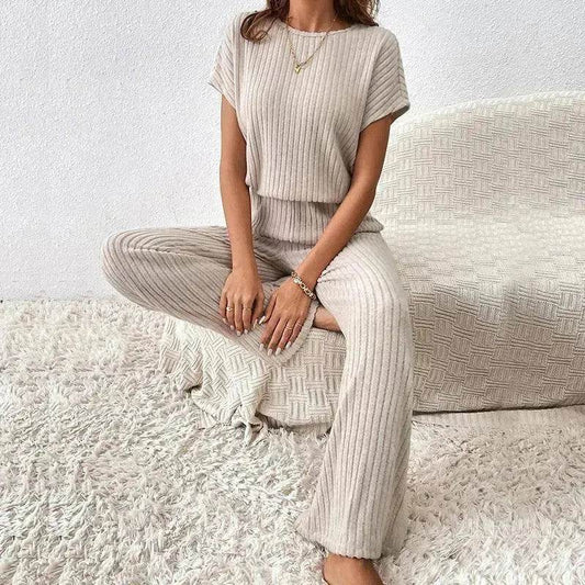 Round Neck Solid Color Fashion Knitted Top And Trousers Two-piece Set - www.Shopthatapp.com