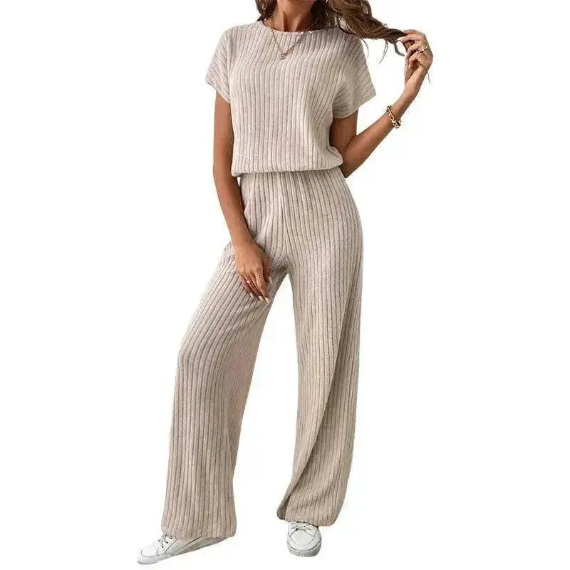 Round Neck Solid Color Fashion Knitted Top And Trousers Two-piece Set - www.Shopthatapp.com