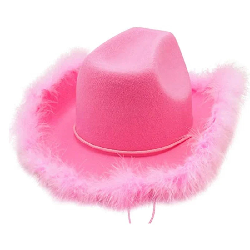 Fashion Pink Cowgirl Hat Feather Brim Cowboy Hat Western Cowboy Hat for Bachelorette Party Carnival Cosplay - www.Shopthatapp.com
