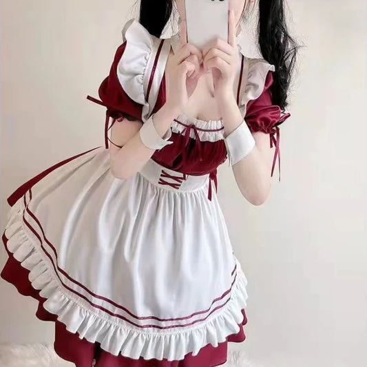 Women's Dress Red White Lolita Maid Costume Cosplay Costumes Cute Dress Sexy French Apron Uniform Cafe Maid Party Skirt - www.Shopthatapp.com