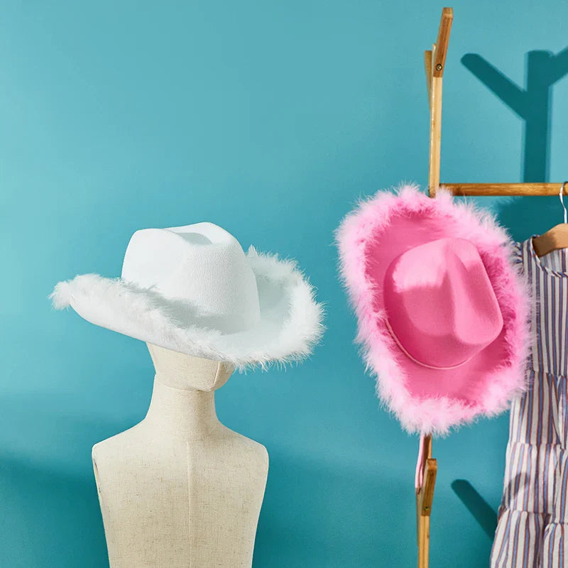2024 Fashion Women´s Party Hats Cowboy Hat Adult Solid Color Furry Trim Wide Brim Hat Female Cap for Dating Party - www.Shopthatapp.com
