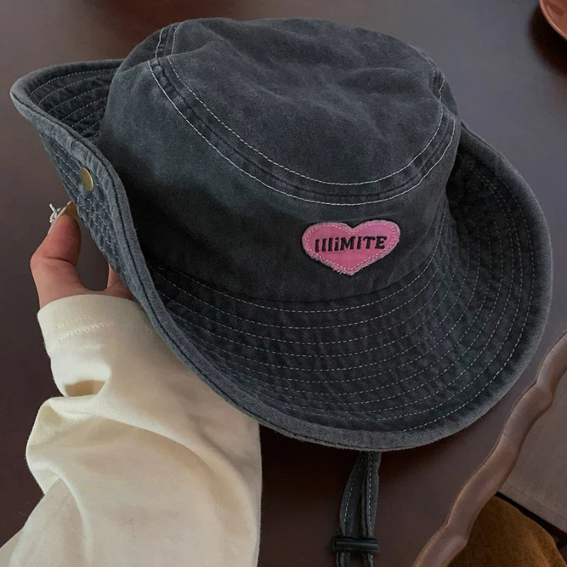 Japanese Retro Washed Cowboy Hats for Women Spring and Summer Outdoor Camping Sun Protection Sweet Pink Love Bucket Caps - www.Shopthatapp.com