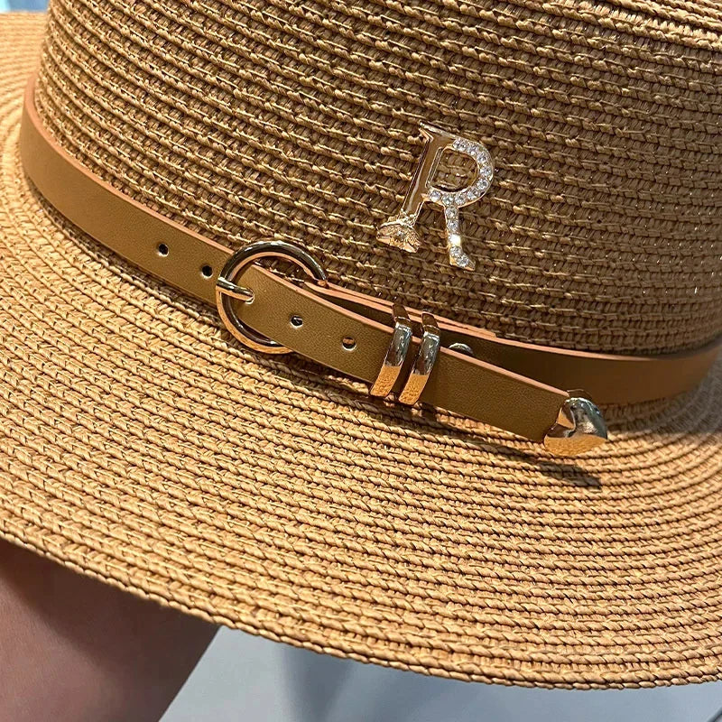 Summer Sun Hat Flat Top Straw Hats for Women New Metal R Letter Fashionable Beach Sun Hat Females Travel Holidays Boater Hat - www.Shopthatapp.com