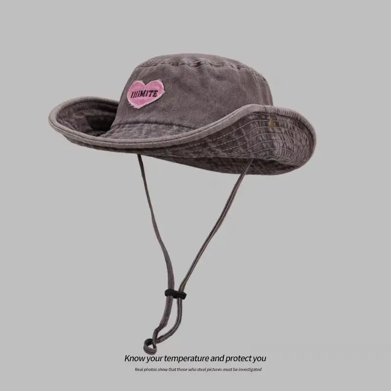 Japanese Retro Washed Cowboy Hats for Women Spring and Summer Outdoor Camping Sun Protection Sweet Pink Love Bucket Caps - www.Shopthatapp.com